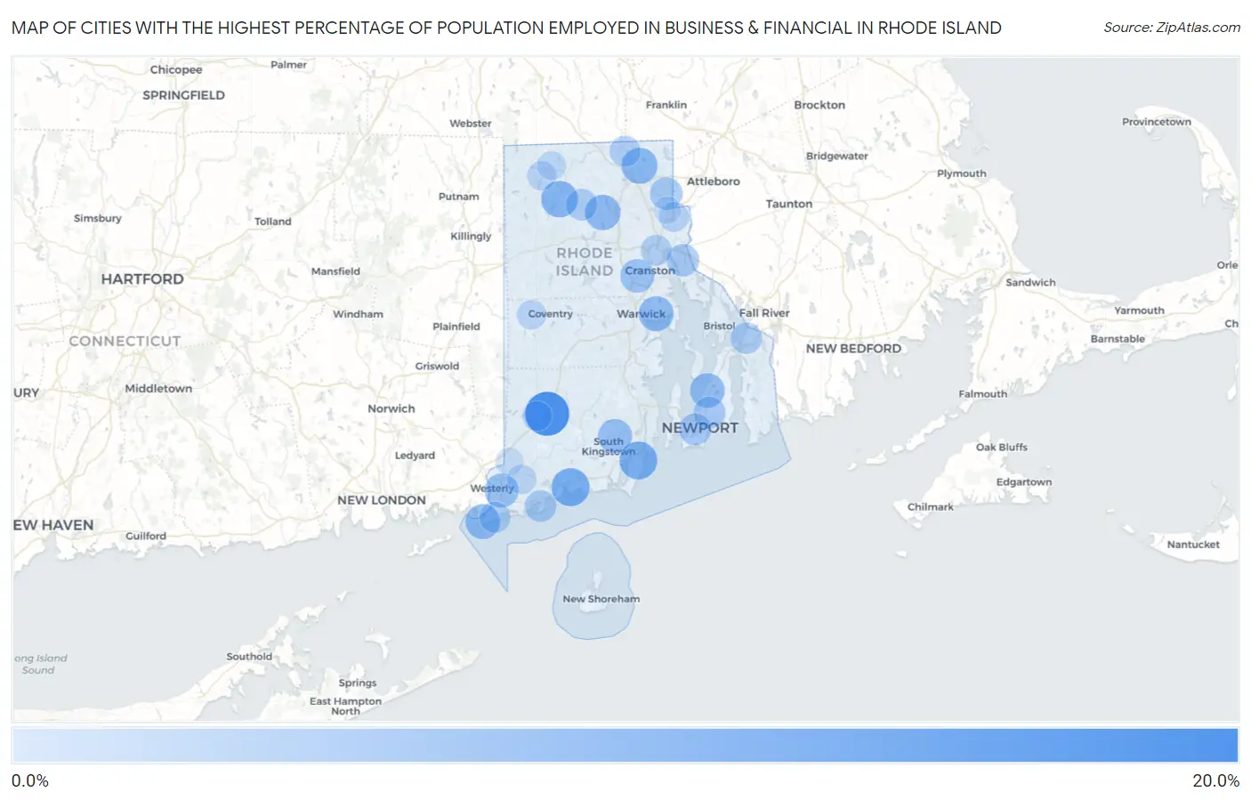 Cities with the Highest Percentage of Population Employed in Business & Financial in Rhode Island Map
