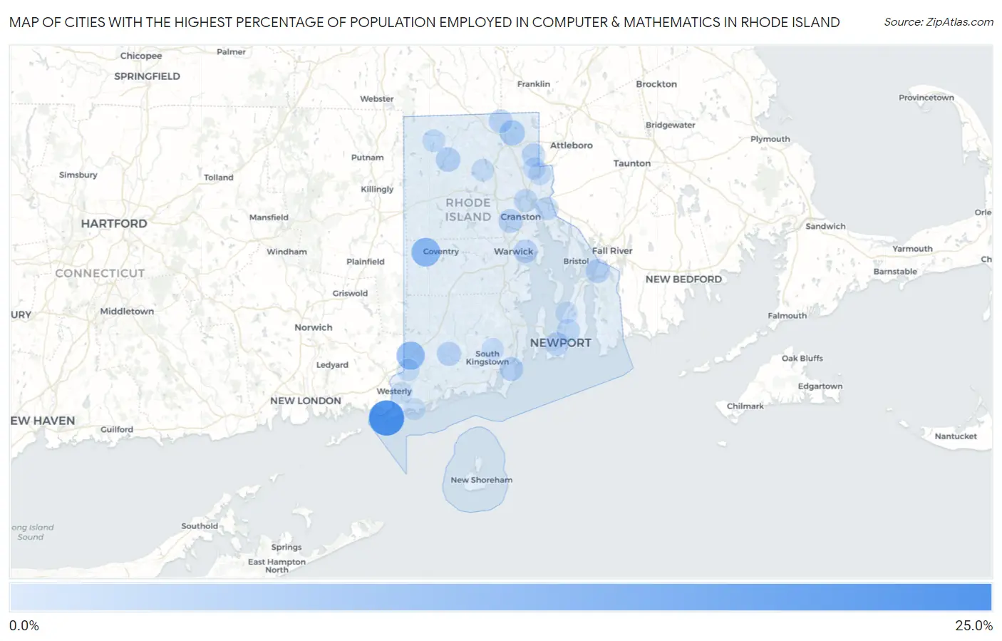 Cities with the Highest Percentage of Population Employed in Computer & Mathematics in Rhode Island Map