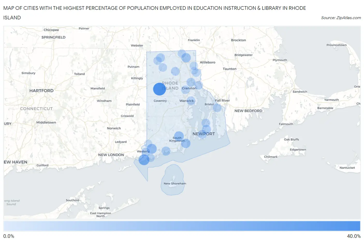Cities with the Highest Percentage of Population Employed in Education Instruction & Library in Rhode Island Map