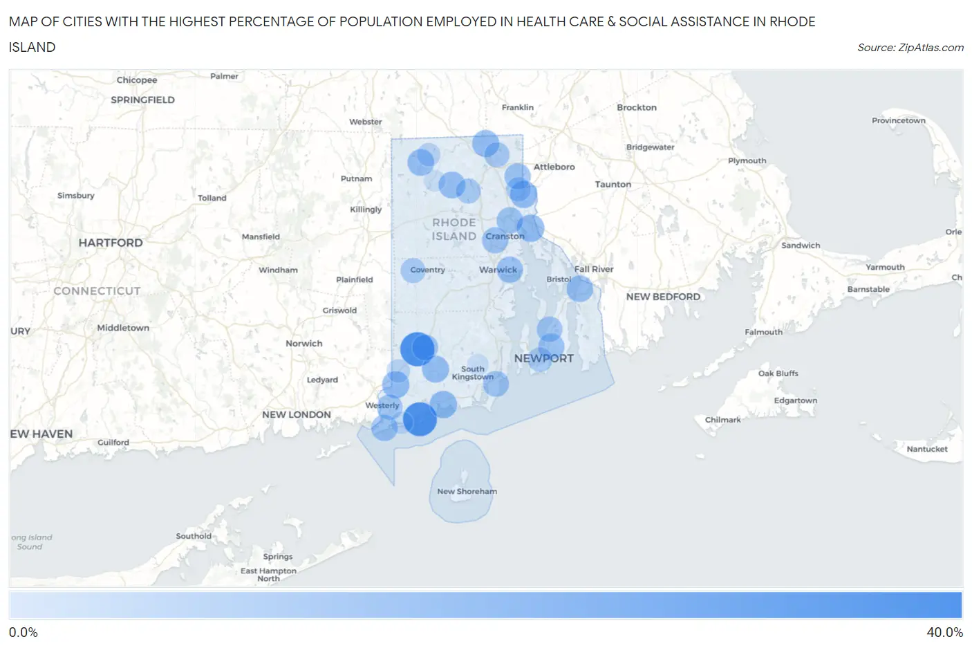 Cities with the Highest Percentage of Population Employed in Health Care & Social Assistance in Rhode Island Map