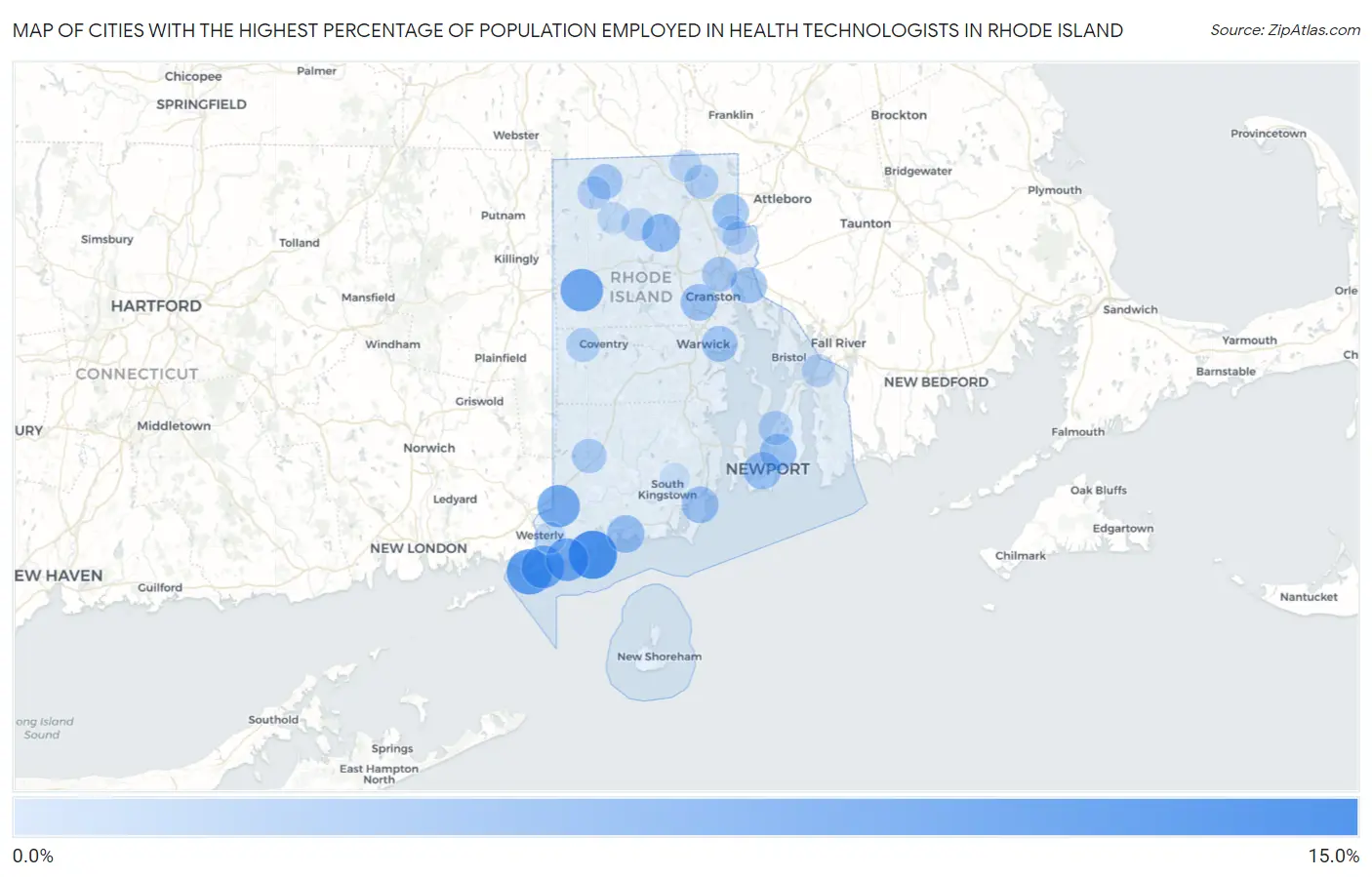 Cities with the Highest Percentage of Population Employed in Health Technologists in Rhode Island Map