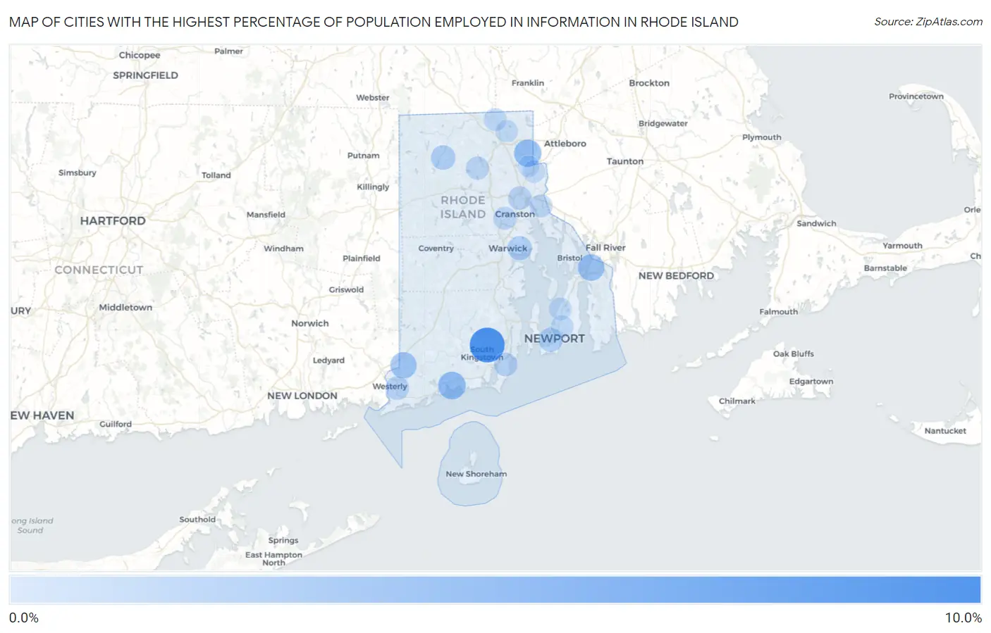 Cities with the Highest Percentage of Population Employed in Information in Rhode Island Map