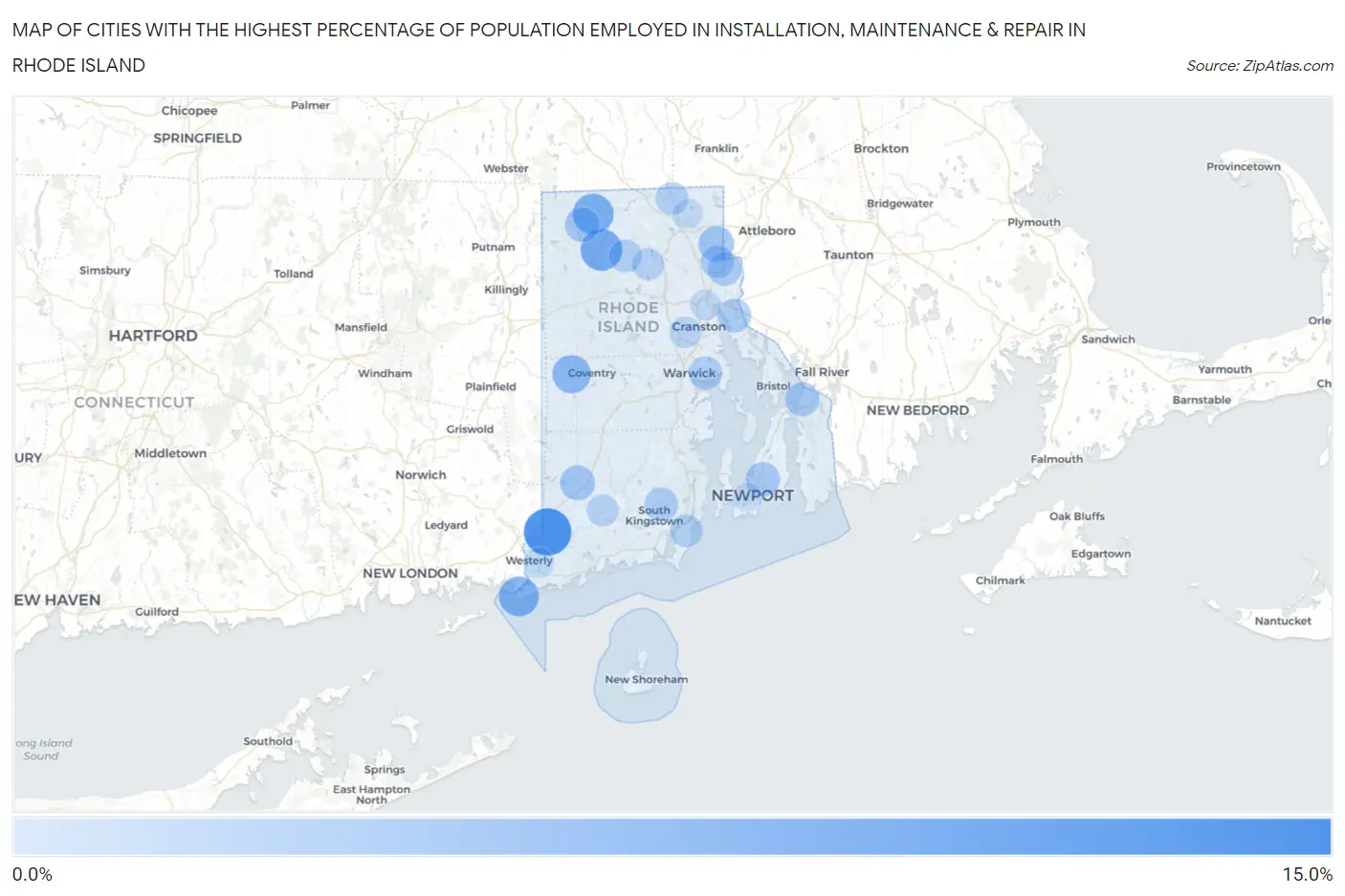 Cities with the Highest Percentage of Population Employed in Installation, Maintenance & Repair in Rhode Island Map