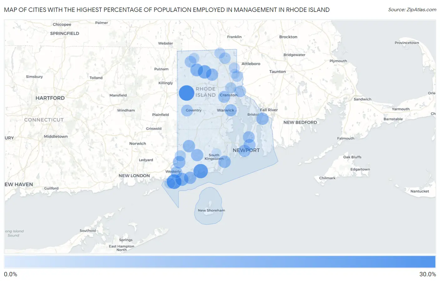 Cities with the Highest Percentage of Population Employed in Management in Rhode Island Map