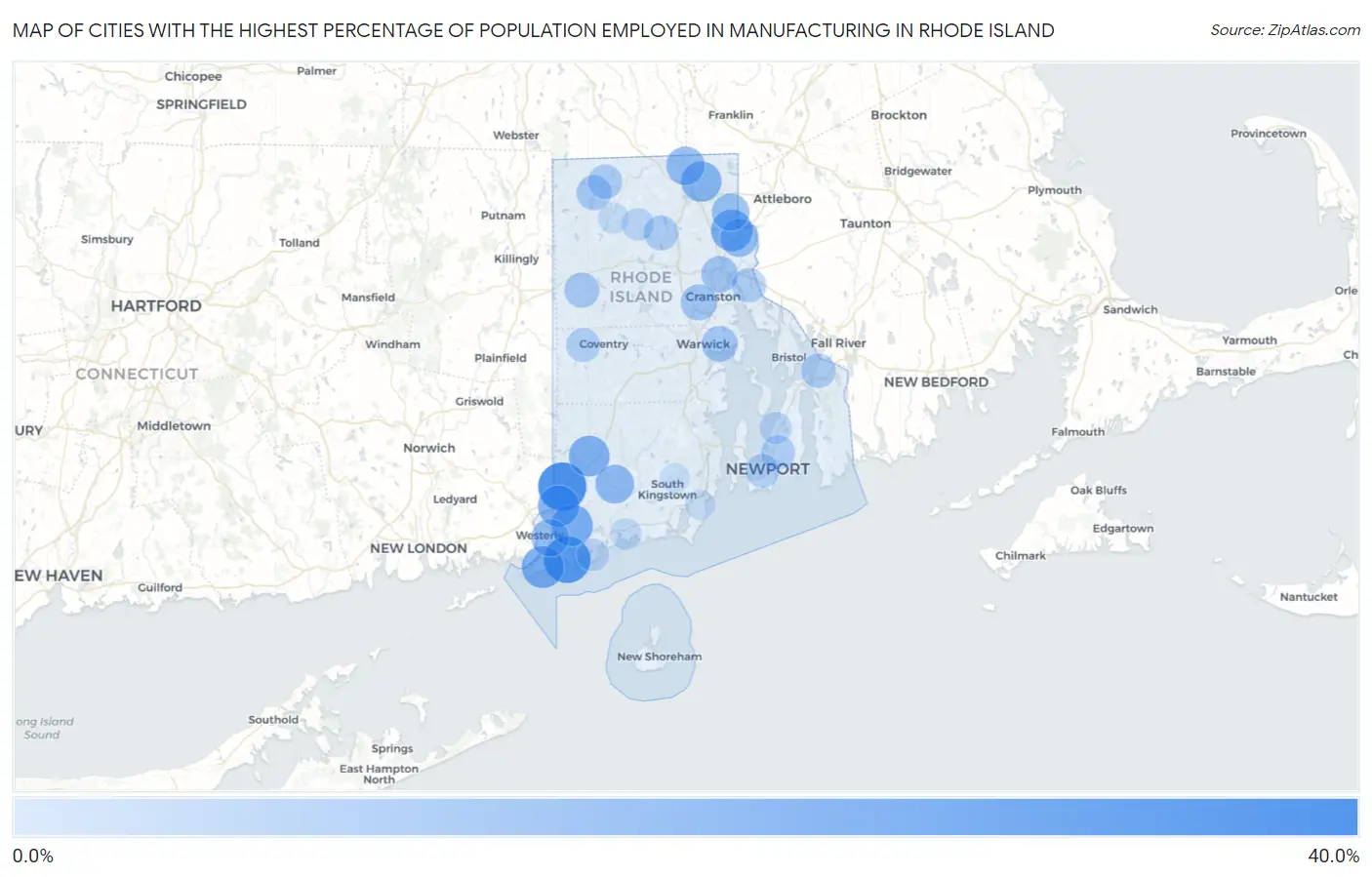 Cities with the Highest Percentage of Population Employed in Manufacturing in Rhode Island Map