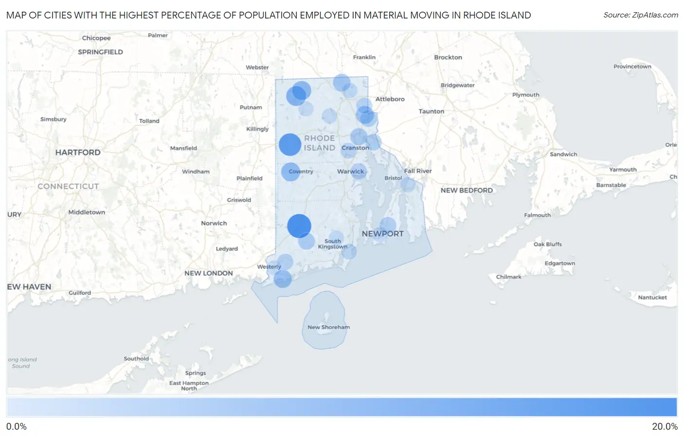 Cities with the Highest Percentage of Population Employed in Material Moving in Rhode Island Map