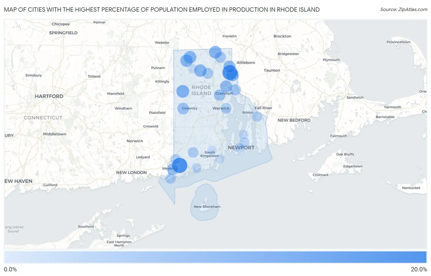 Cities with the Highest Percentage of Population Employed in Production in Rhode Island Map