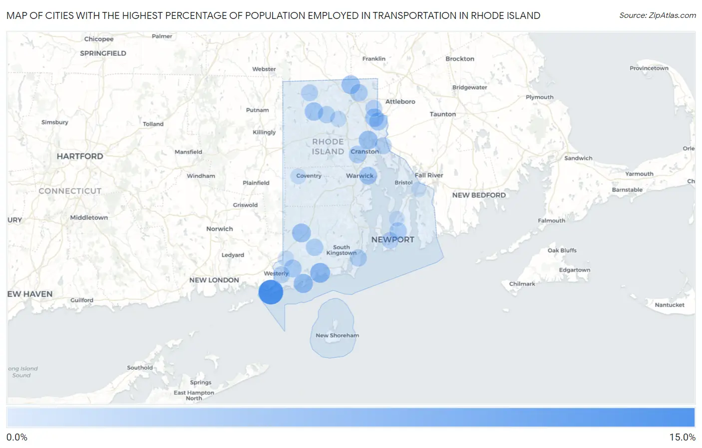 Cities with the Highest Percentage of Population Employed in Transportation in Rhode Island Map