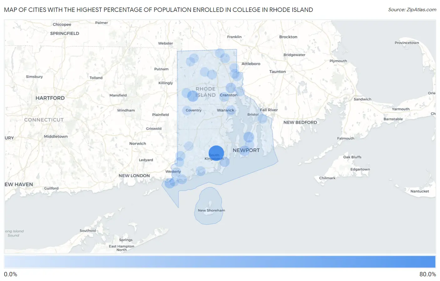 Cities with the Highest Percentage of Population Enrolled in College in Rhode Island Map