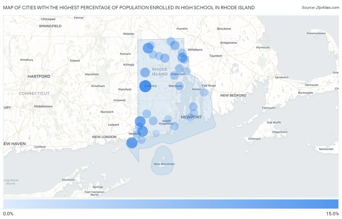 Cities with the Highest Percentage of Population Enrolled in High School in Rhode Island Map