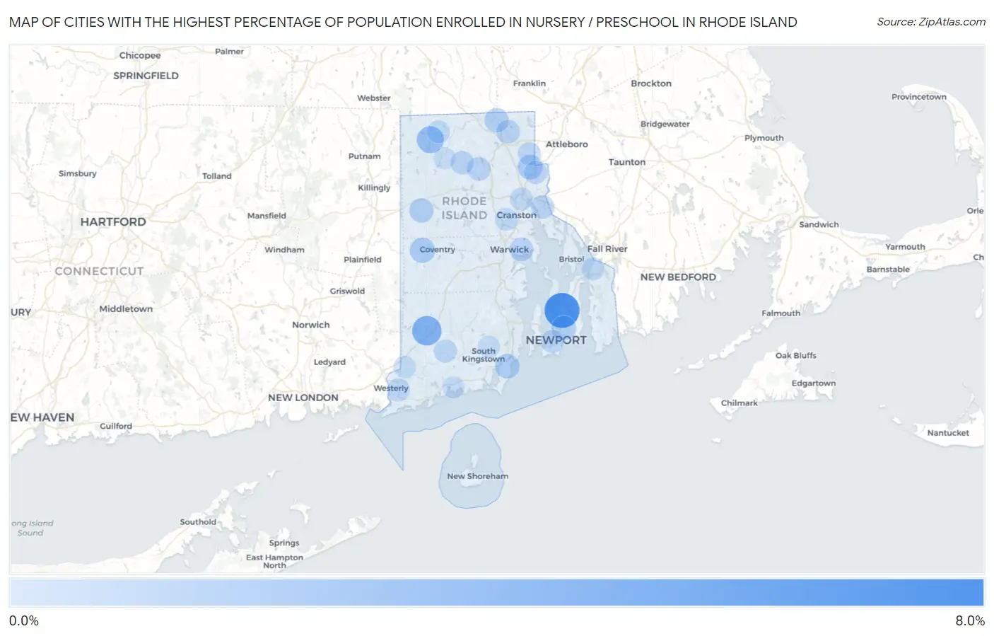 Cities with the Highest Percentage of Population Enrolled in Nursery / Preschool in Rhode Island Map
