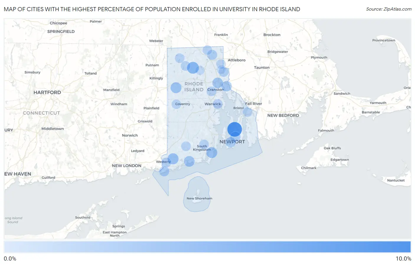 Cities with the Highest Percentage of Population Enrolled in University in Rhode Island Map