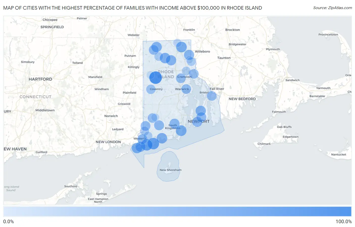 Cities with the Highest Percentage of Families with Income Above $100,000 in Rhode Island Map