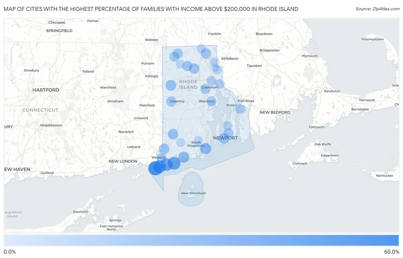 Cities with the Highest Percentage of Families with Income Above $200,000 in Rhode Island Map