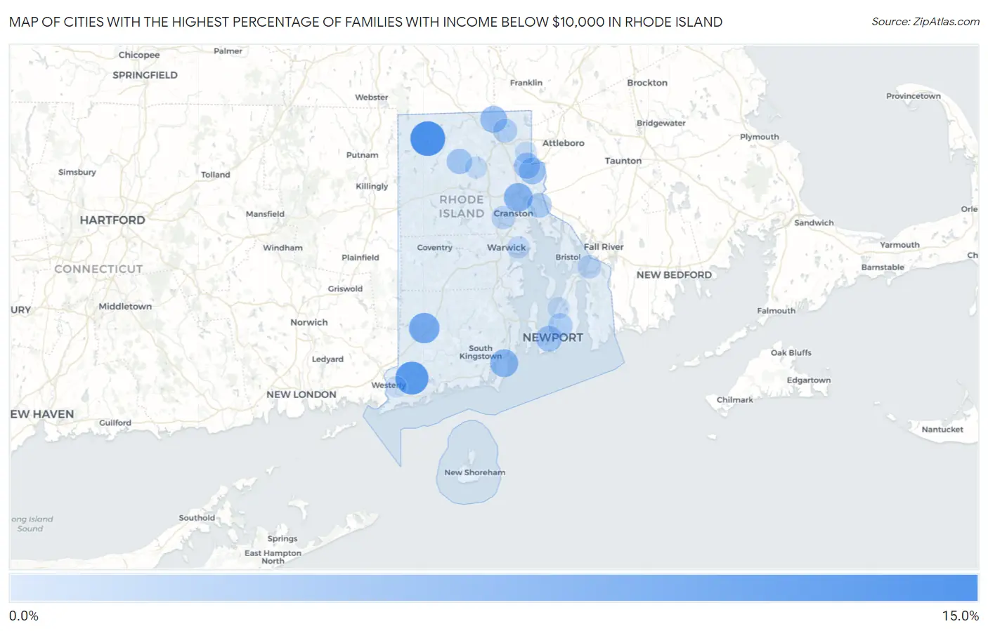 Cities with the Highest Percentage of Families with Income Below $10,000 in Rhode Island Map