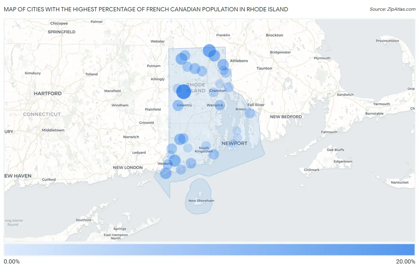Cities with the Highest Percentage of French Canadian Population in Rhode Island Map