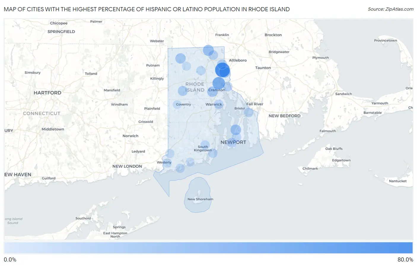 Cities with the Highest Percentage of Hispanic or Latino Population in Rhode Island Map