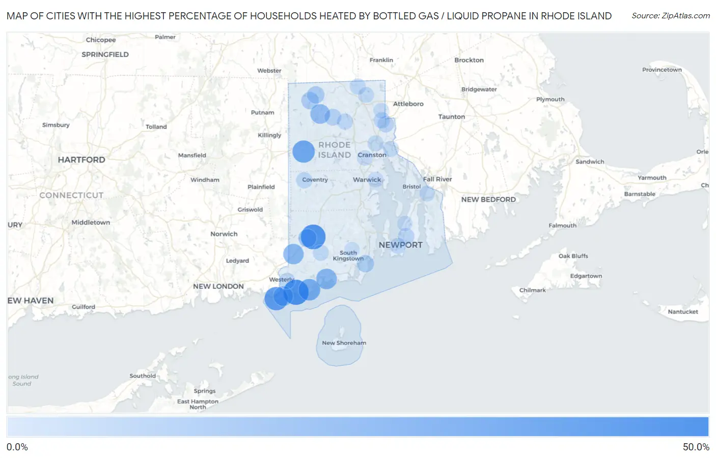 Cities with the Highest Percentage of Households Heated by Bottled Gas / Liquid Propane in Rhode Island Map