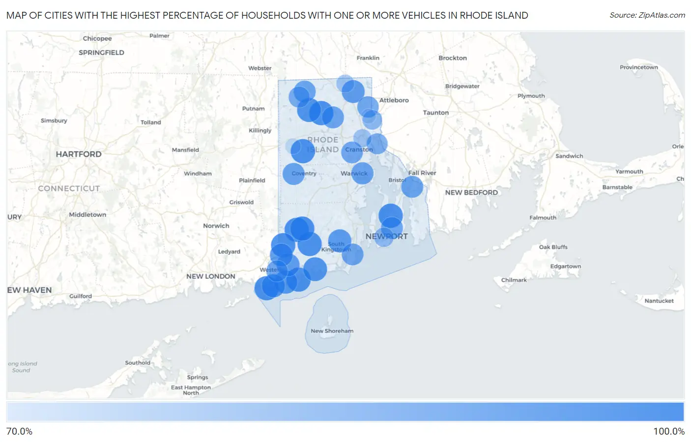 Cities with the Highest Percentage of Households With One or more Vehicles in Rhode Island Map