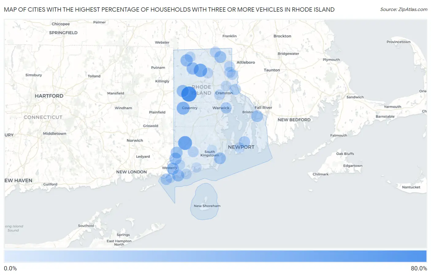Cities with the Highest Percentage of Households With Three or more Vehicles in Rhode Island Map