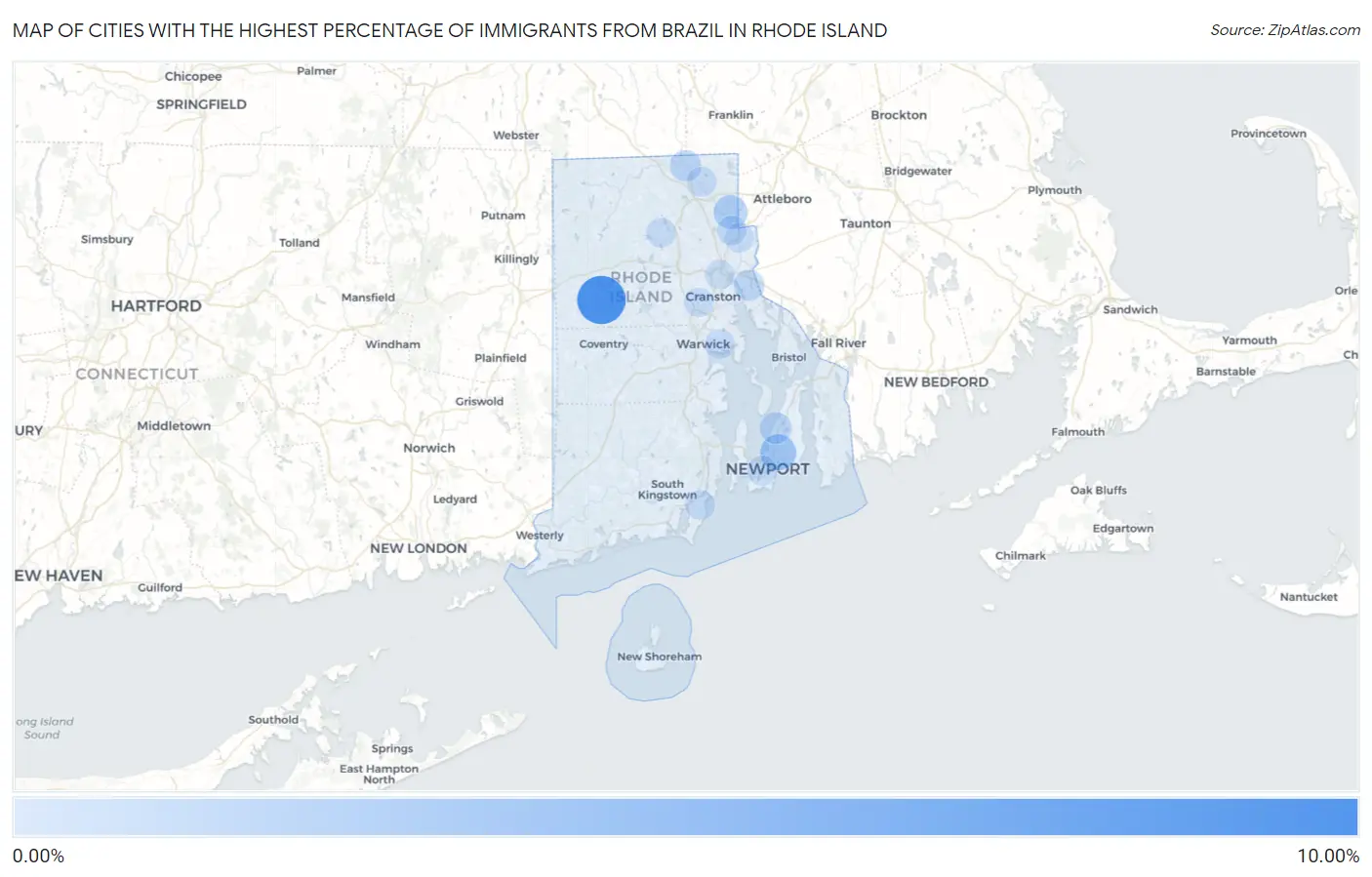Cities with the Highest Percentage of Immigrants from Brazil in Rhode Island Map
