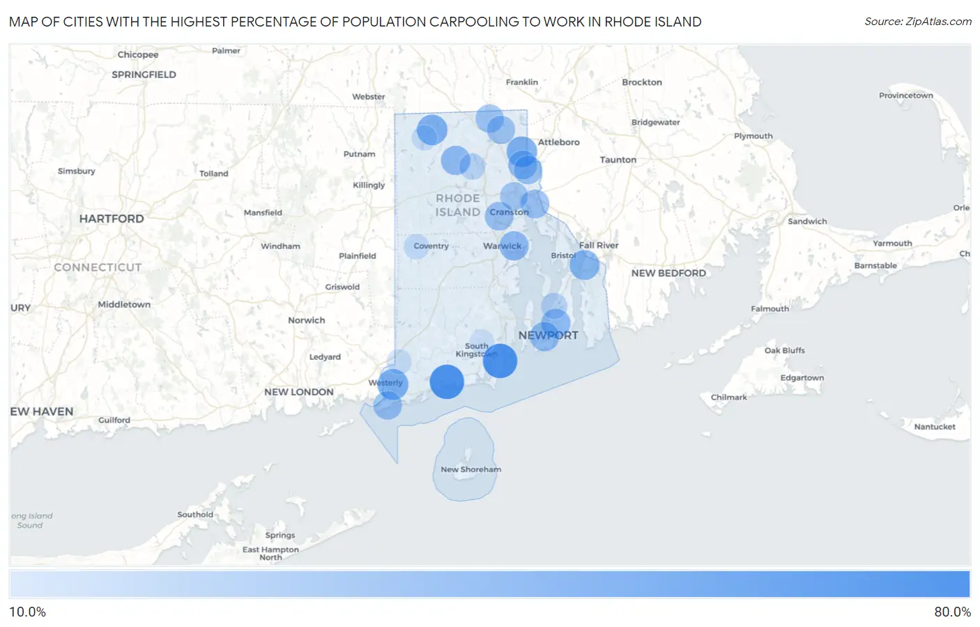 Cities with the Highest Percentage of Population Carpooling to Work in Rhode Island Map