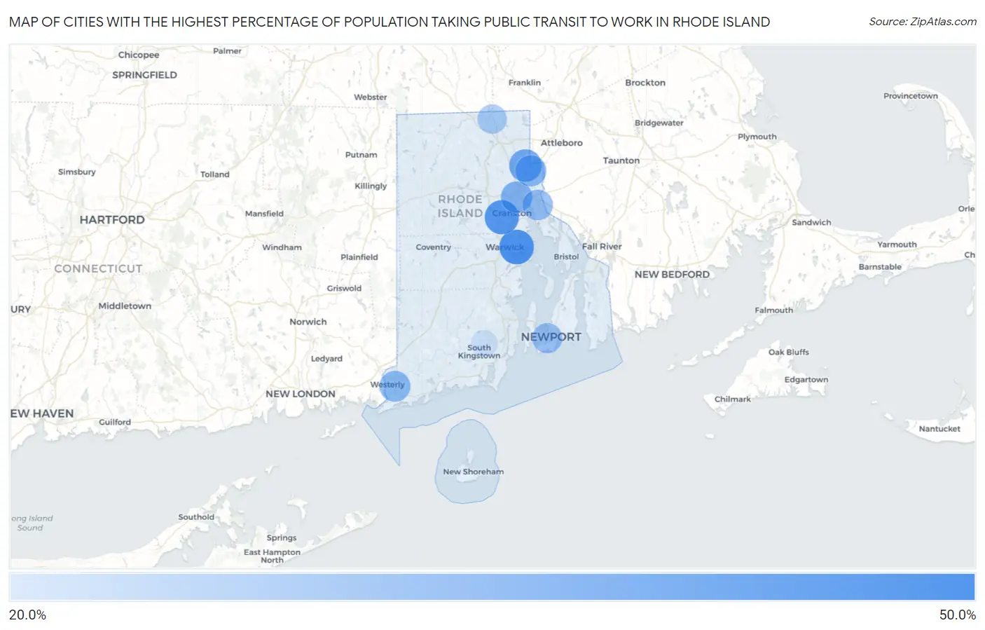 Cities with the Highest Percentage of Population Taking Public Transit to Work in Rhode Island Map