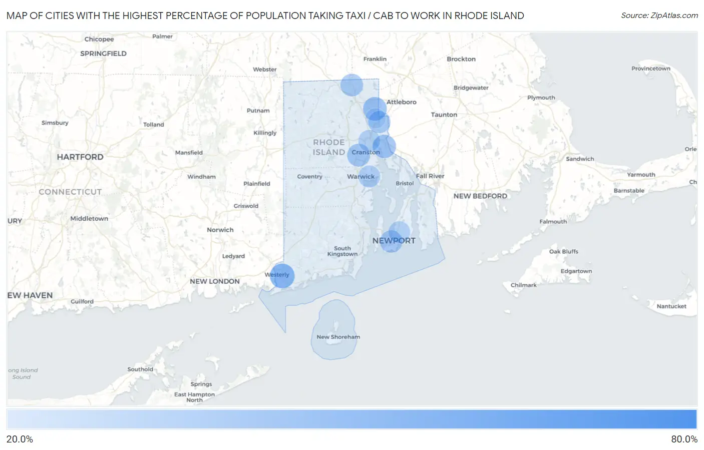Cities with the Highest Percentage of Population Taking Taxi / Cab to Work in Rhode Island Map