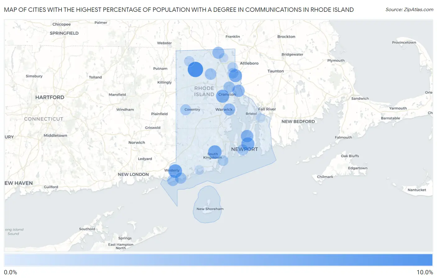 Cities with the Highest Percentage of Population with a Degree in Communications in Rhode Island Map