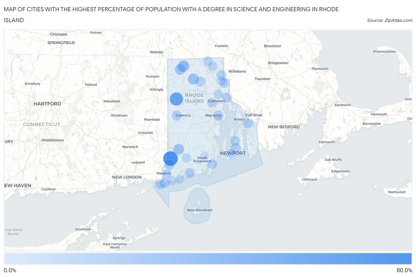 Cities with the Highest Percentage of Population with a Degree in Science and Engineering in Rhode Island Map