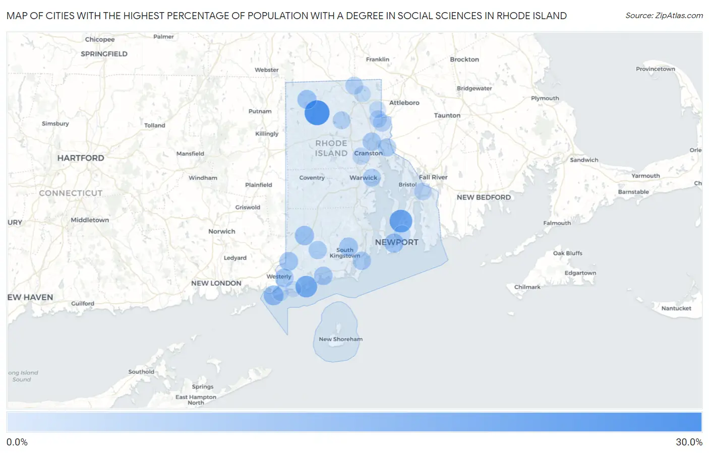Cities with the Highest Percentage of Population with a Degree in Social Sciences in Rhode Island Map