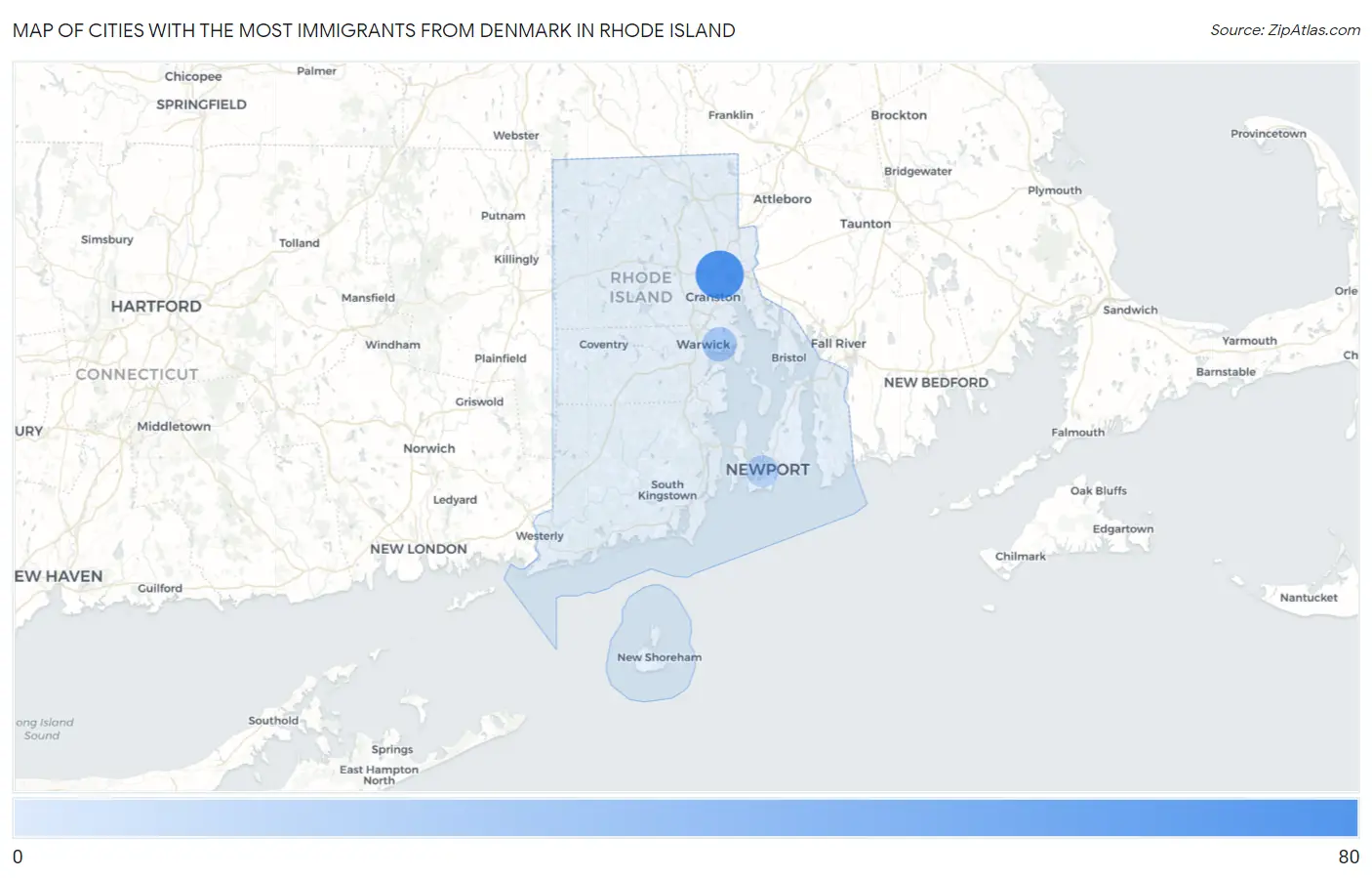 Cities with the Most Immigrants from Denmark in Rhode Island Map