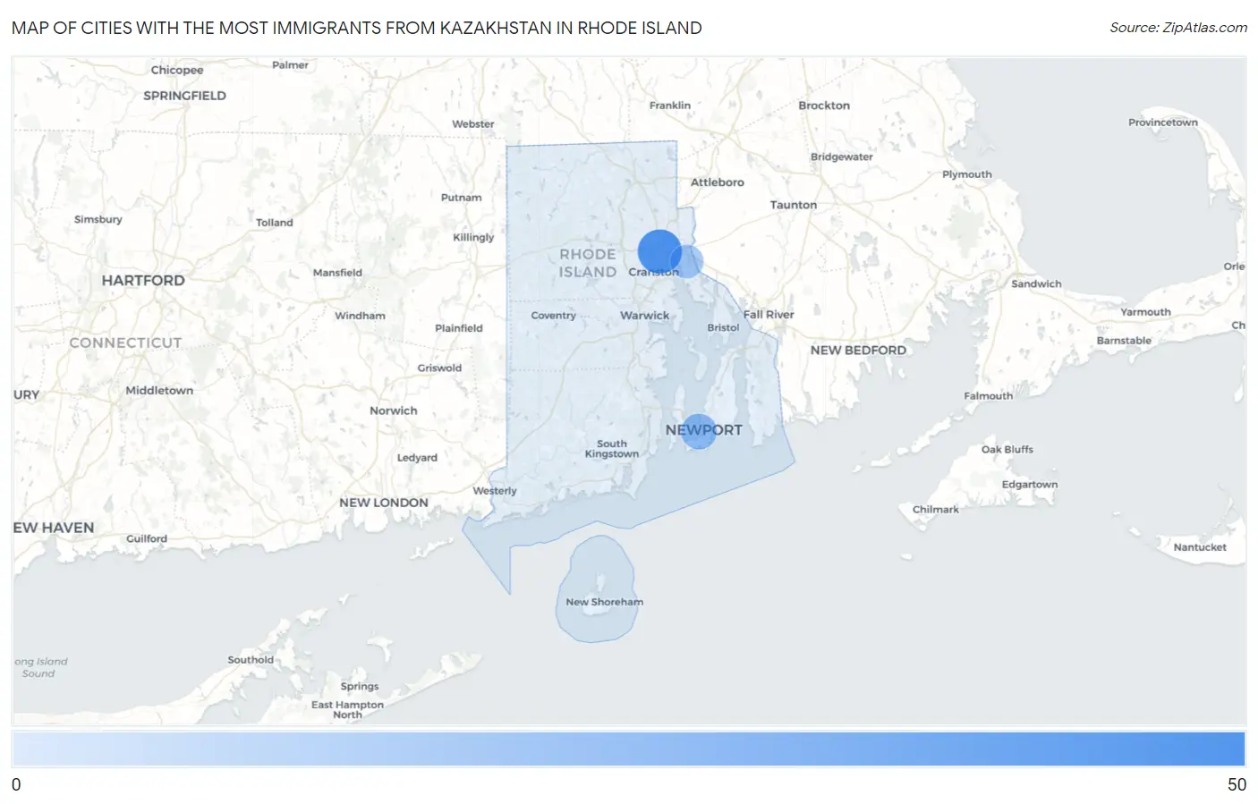 Cities with the Most Immigrants from Kazakhstan in Rhode Island Map