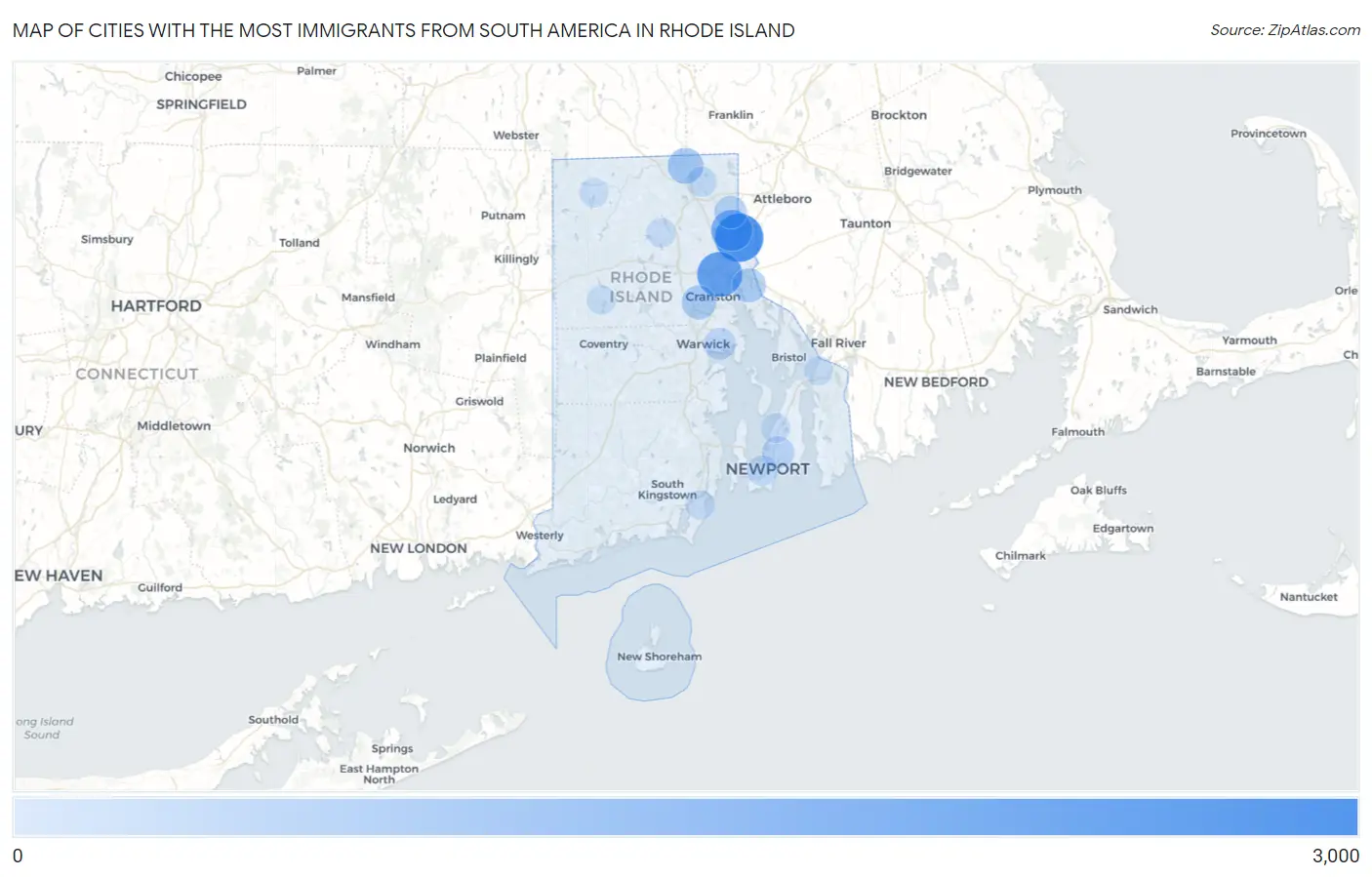 Cities with the Most Immigrants from South America in Rhode Island Map