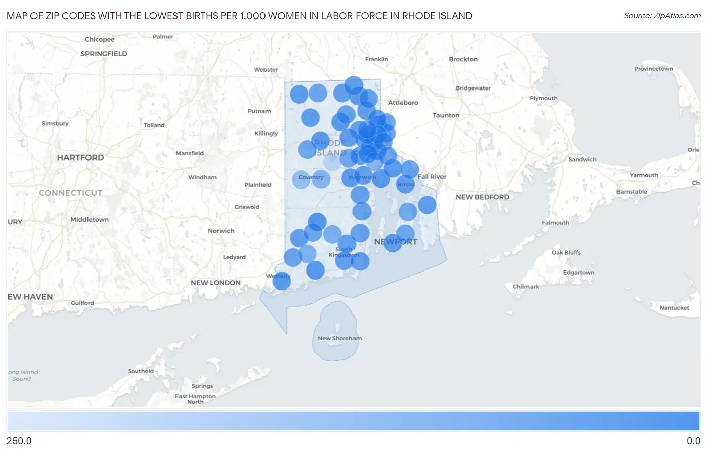 Zip Codes with the Lowest Births per 1,000 Women in Labor Force in Rhode Island Map