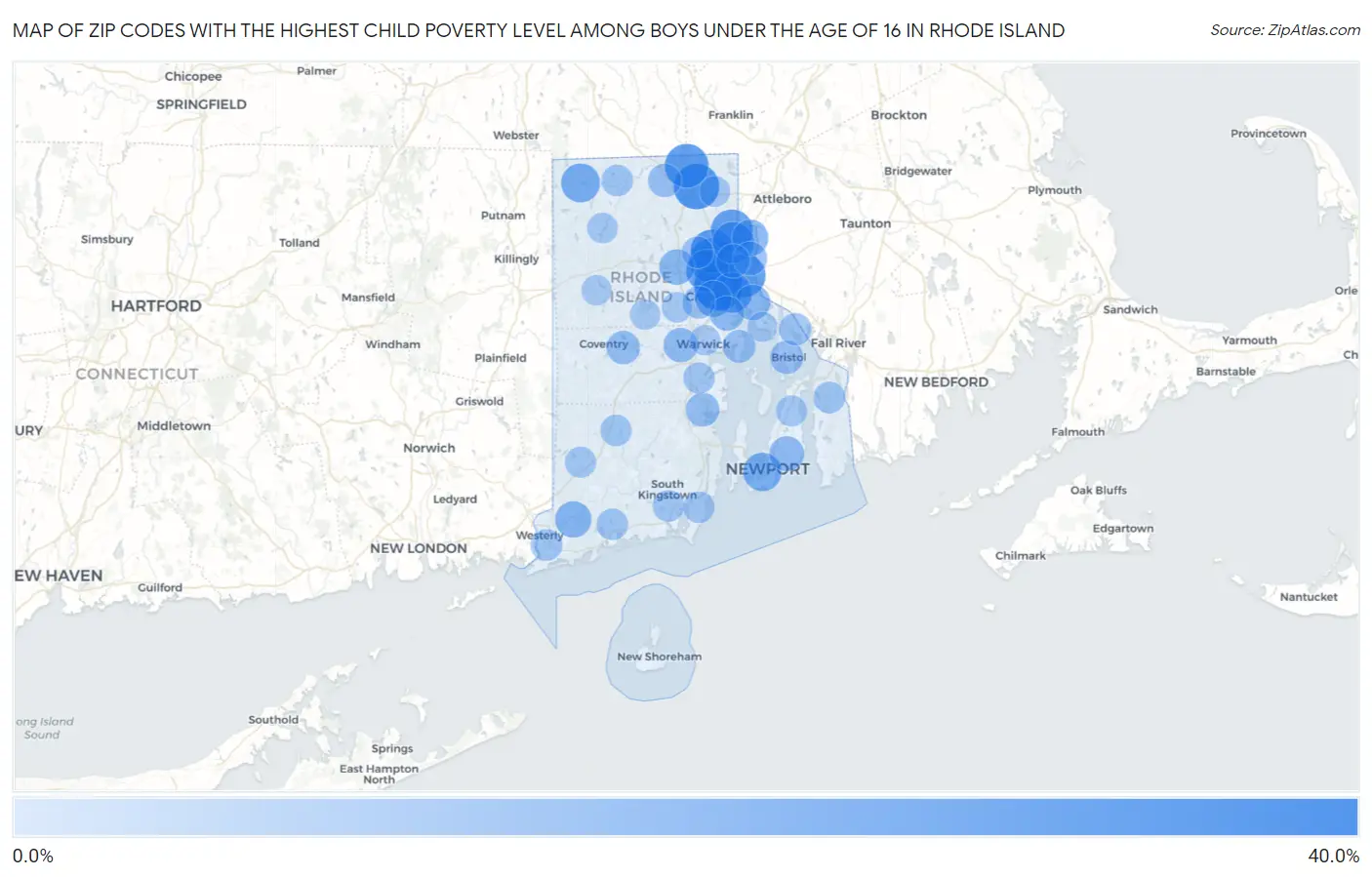 Zip Codes with the Highest Child Poverty Level Among Boys Under the Age of 16 in Rhode Island Map
