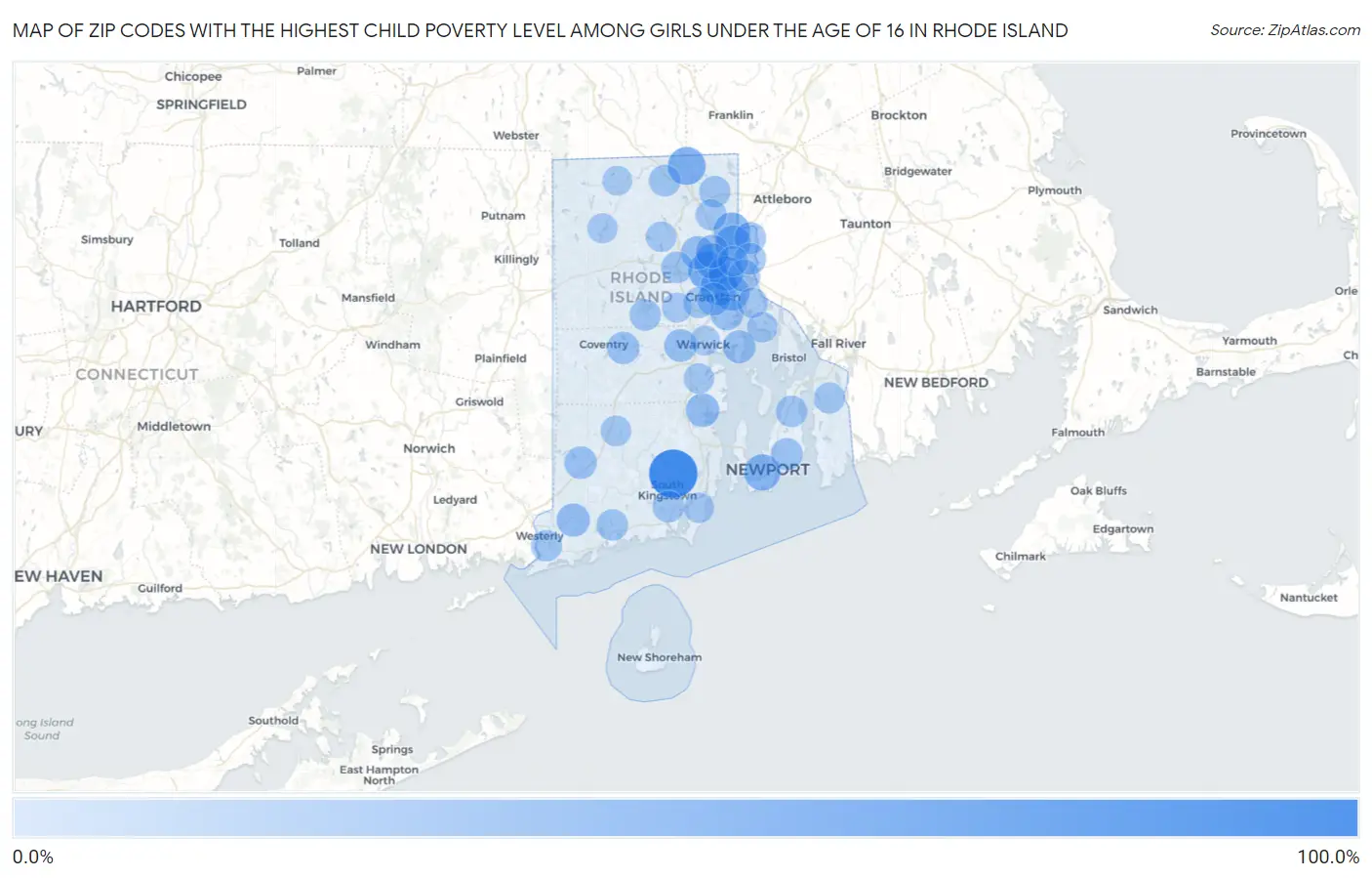 Zip Codes with the Highest Child Poverty Level Among Girls Under the Age of 16 in Rhode Island Map