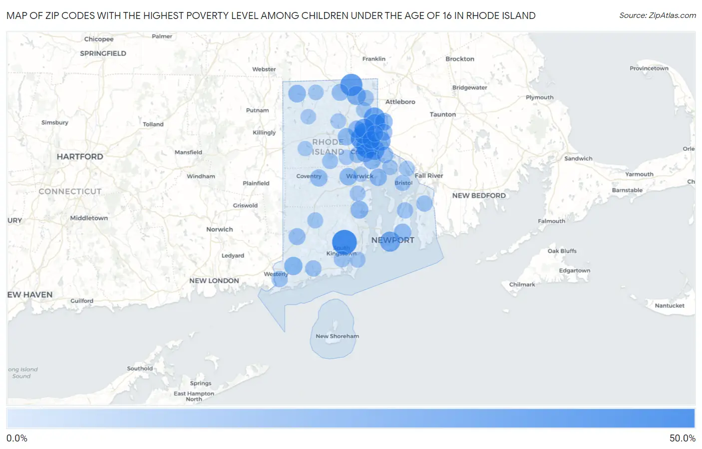 Zip Codes with the Highest Poverty Level Among Children Under the Age of 16 in Rhode Island Map