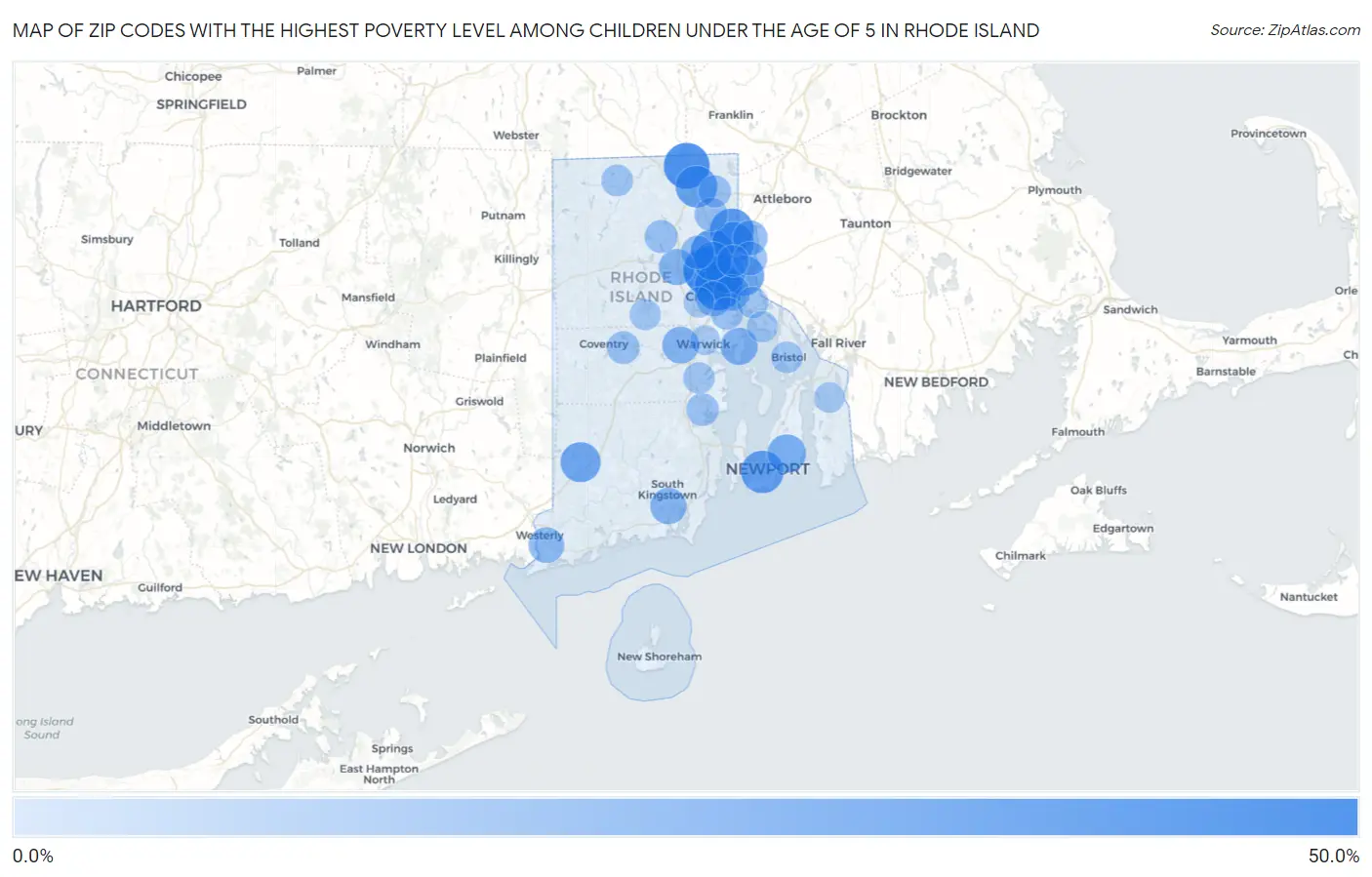 Zip Codes with the Highest Poverty Level Among Children Under the Age of 5 in Rhode Island Map