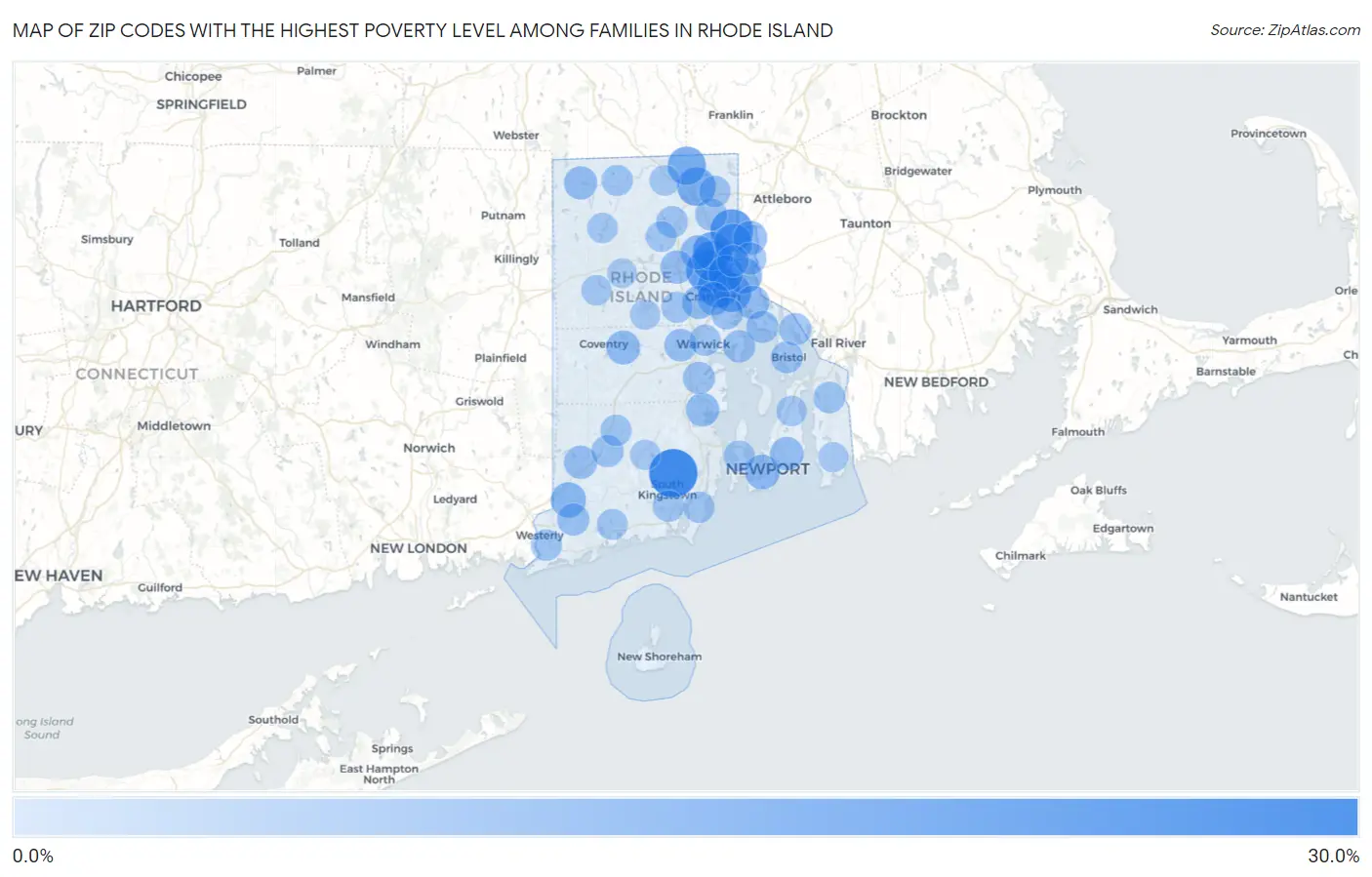 Zip Codes with the Highest Poverty Level Among Families in Rhode Island Map