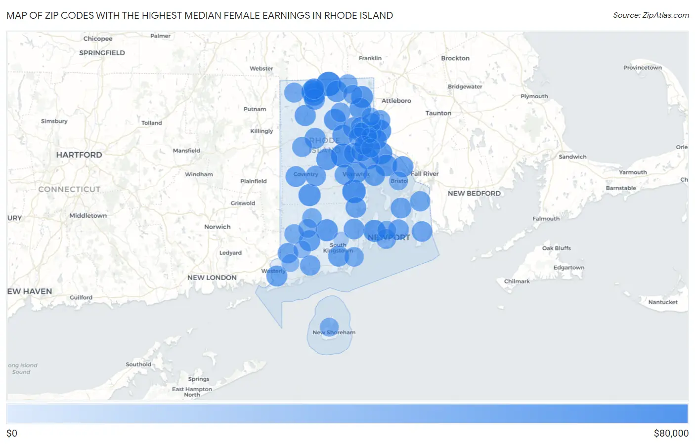 Zip Codes with the Highest Median Female Earnings in Rhode Island Map