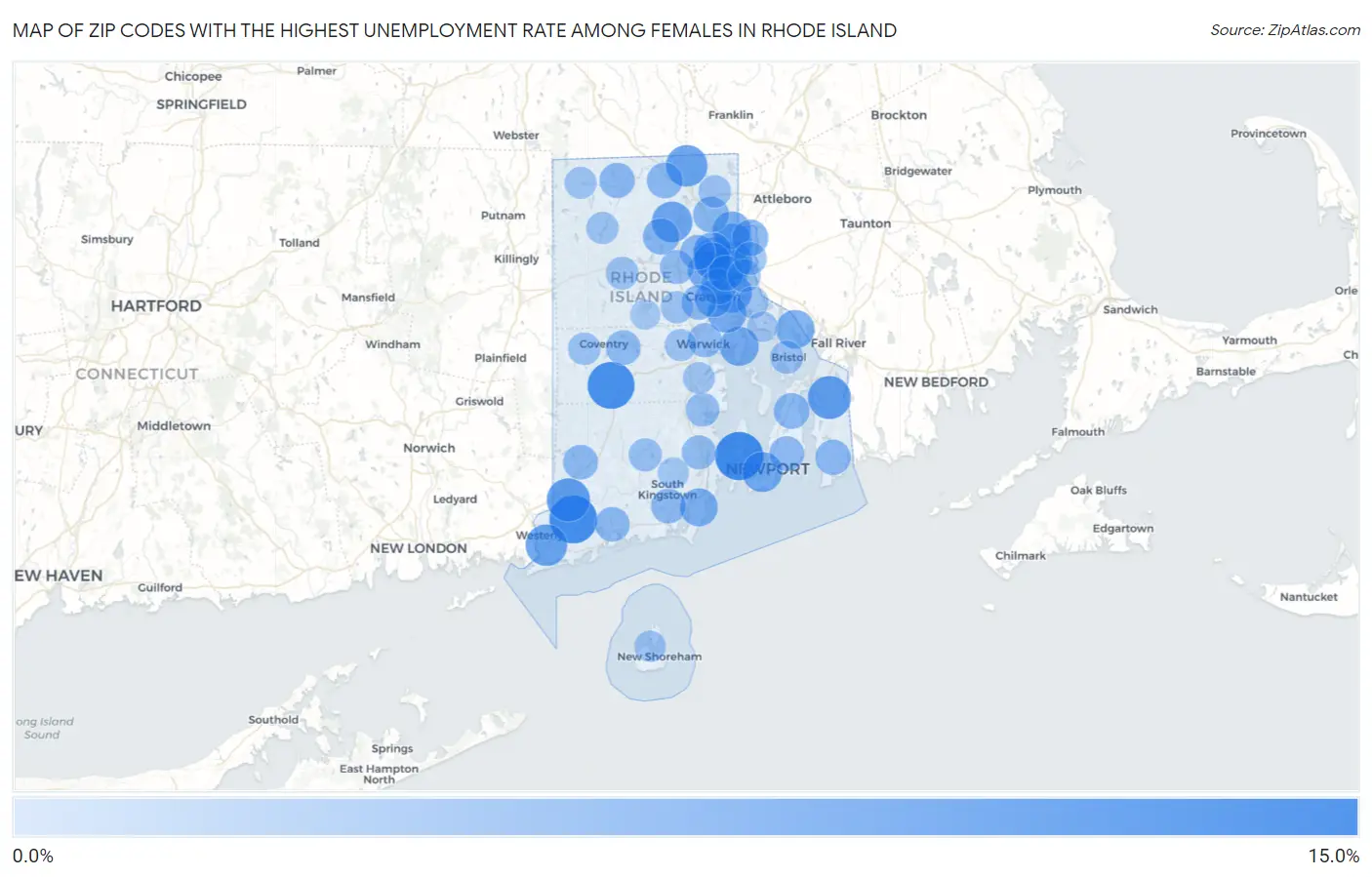 Zip Codes with the Highest Unemployment Rate Among Females in Rhode Island Map