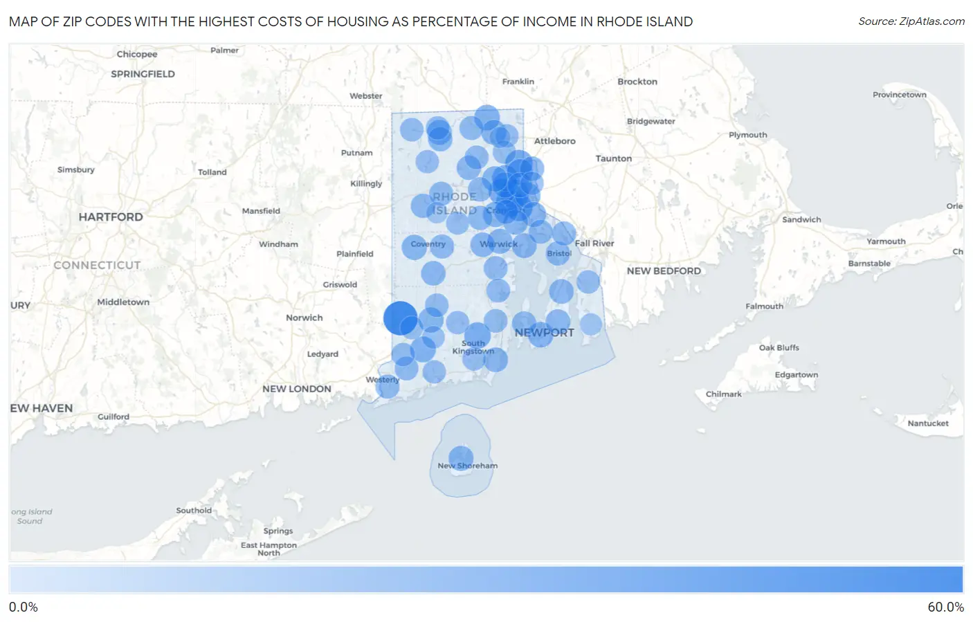 Zip Codes with the Highest Costs of Housing as Percentage of Income in Rhode Island Map