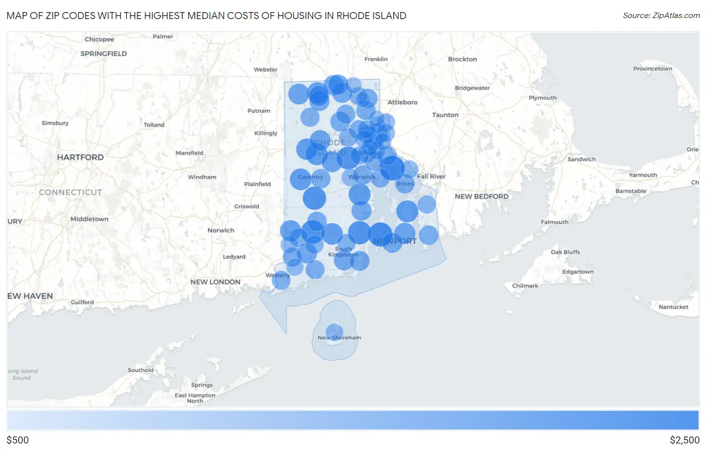 Zip Codes with the Highest Median Costs of Housing in Rhode Island Map