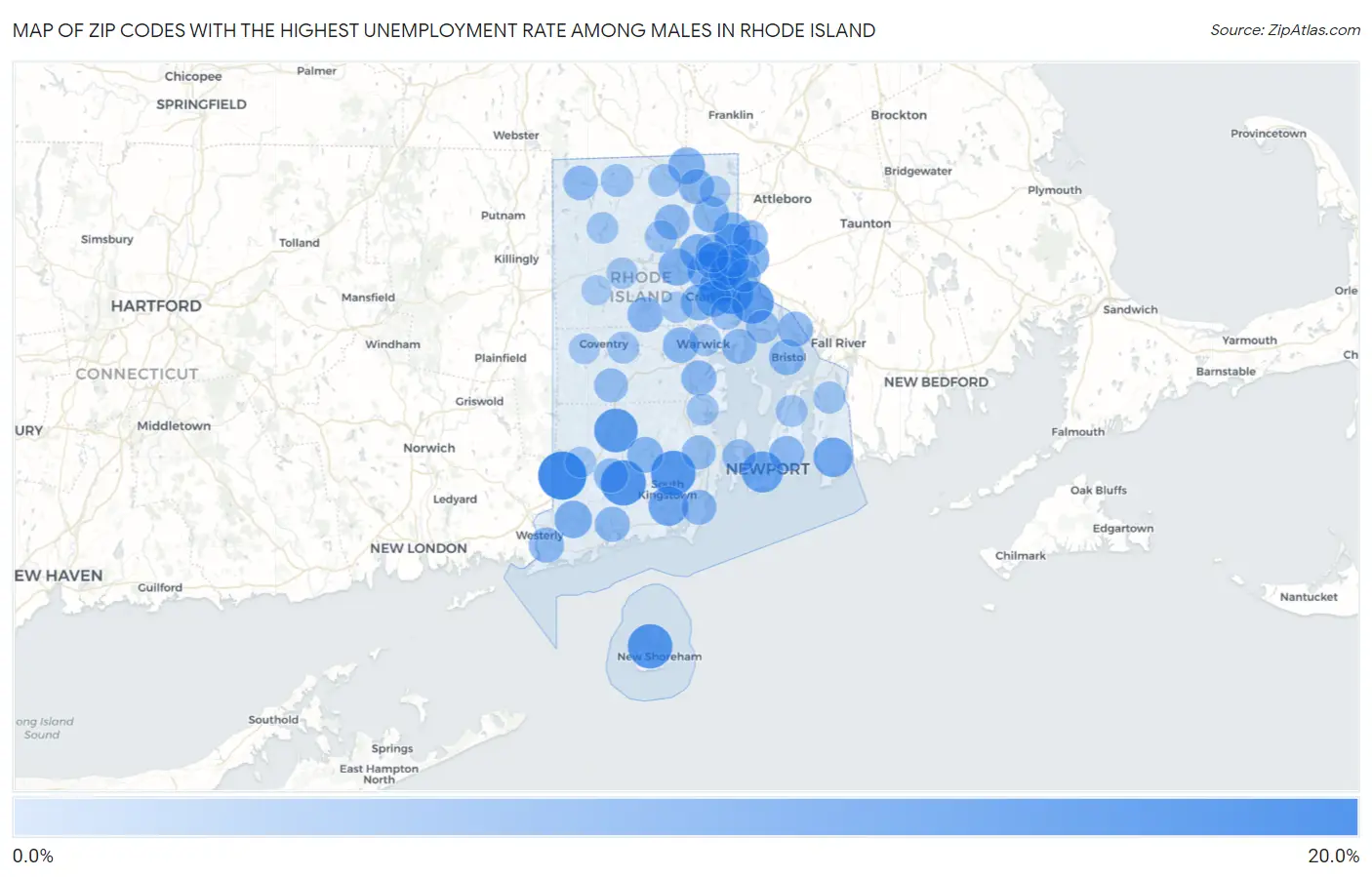 Zip Codes with the Highest Unemployment Rate Among Males in Rhode Island Map