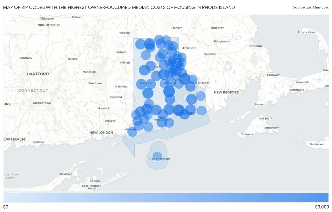 Zip Codes with the Highest Owner-Occupied Median Costs of Housing in Rhode Island Map
