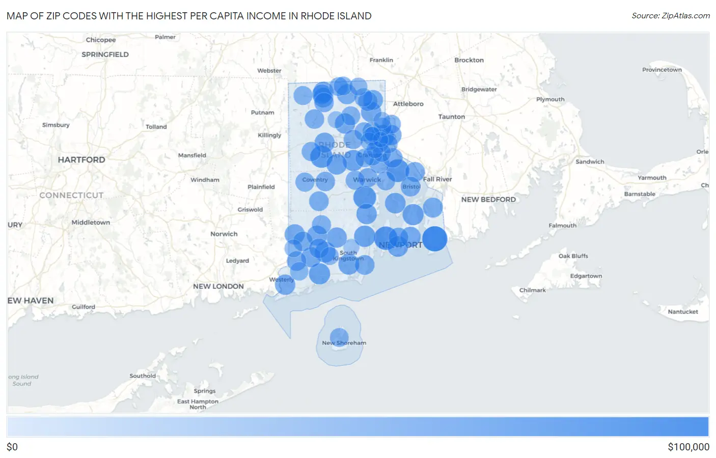 Zip Codes with the Highest Per Capita Income in Rhode Island Map