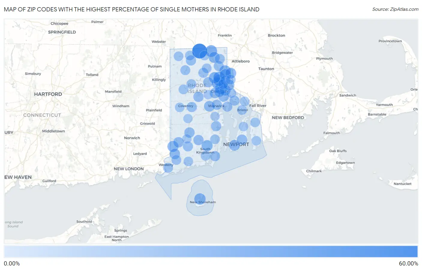 Zip Codes with the Highest Percentage of Single Mothers in Rhode Island Map
