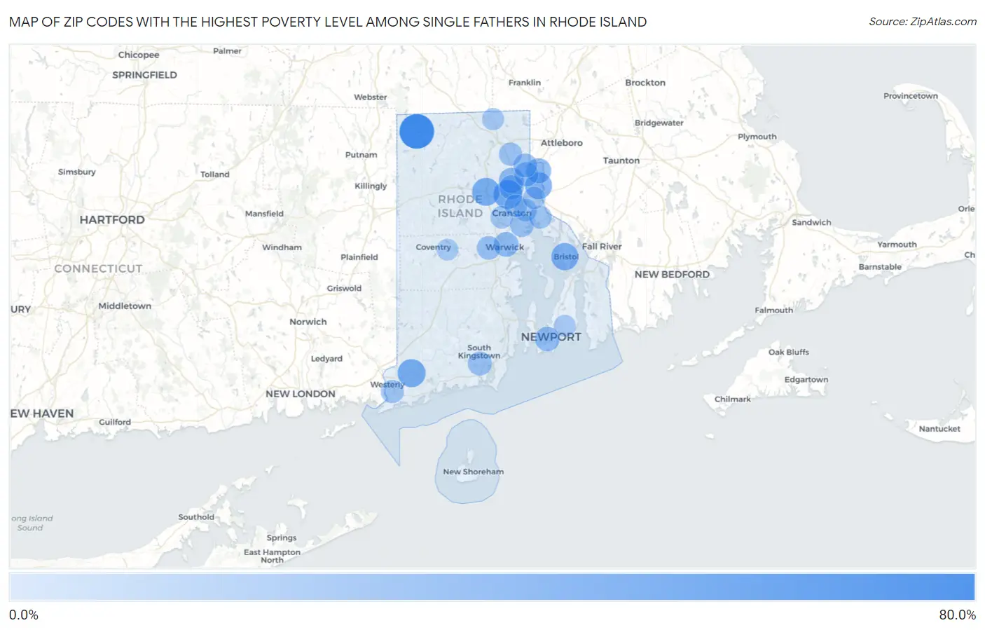 Zip Codes with the Highest Poverty Level Among Single Fathers in Rhode Island Map
