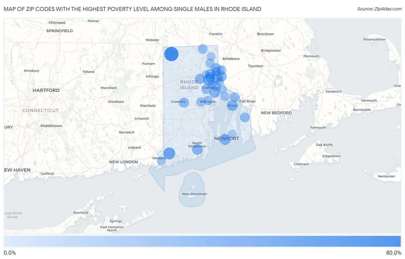 Zip Codes with the Highest Poverty Level Among Single Males in Rhode Island Map